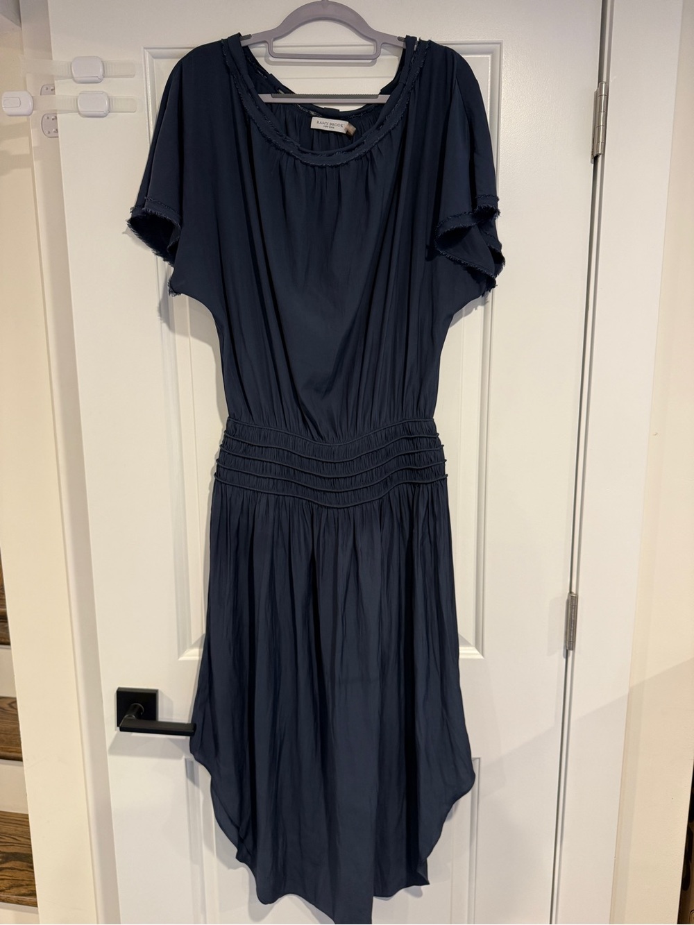 Ramy Brook Navy Blue Smocked Waist Flutter Sleeve Midi Dress Women's Size Medium